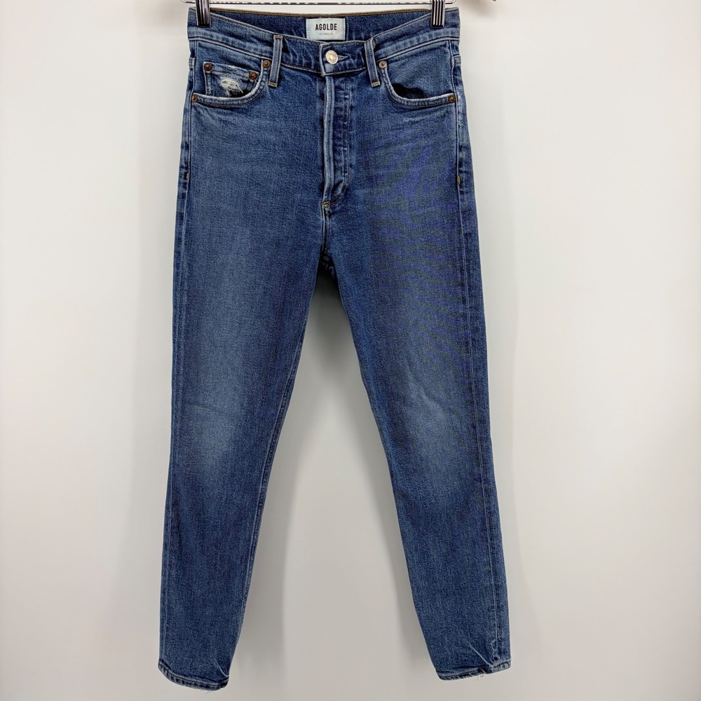 AGOLDE High Rise Skinny Jeans Distressed Button Fly Blue Denim Womens Size 25